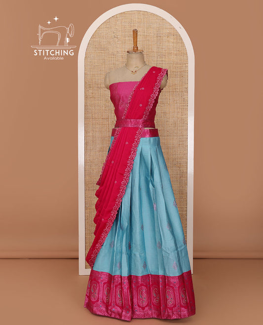Blue lehenga set, embossed & zari buttas with contrast Mughal motifs stone work border skirt, jacquard embroidered blouse & floral embroidered scallop border dhavani with belt