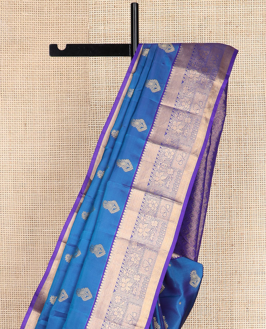 Blue zari buttas vasundhara silk mix saree, contrast jaal pallu & zari border of geometric & floral designs