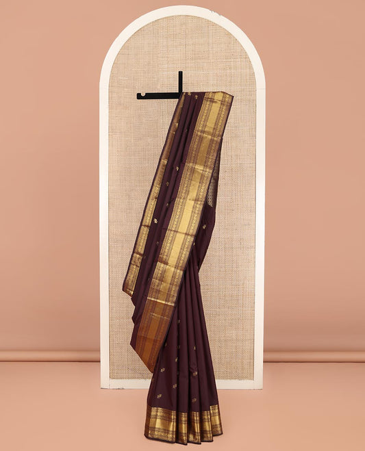 Coffee Brown Budget Silk Saree, Elevated With Zari Buttas All Over Its Body, Highlighted By Traditional Zari Designs Woven Border, Grand Jaal Pallu and Paired with a Matching Blouse