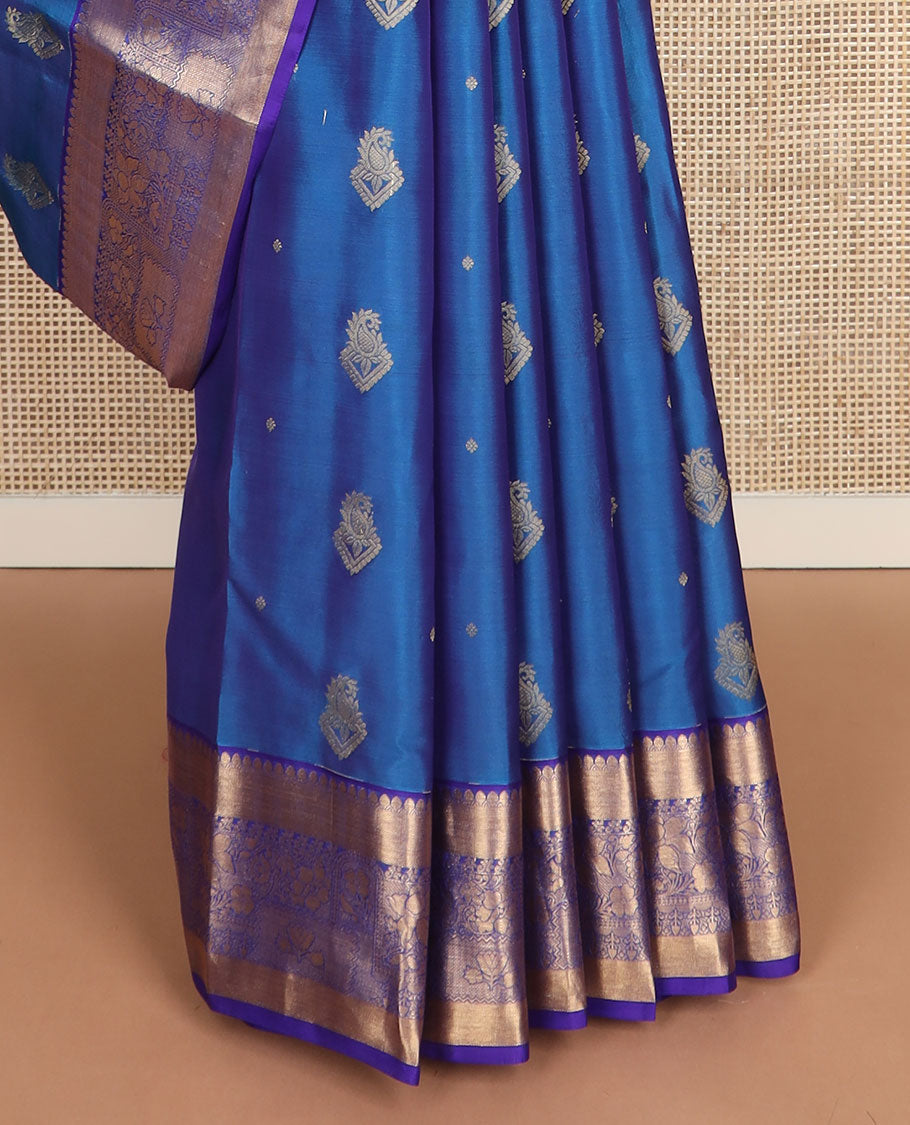 Blue zari buttas vasundhara silk mix saree, contrast jaal pallu & zari border of geometric & floral designs
