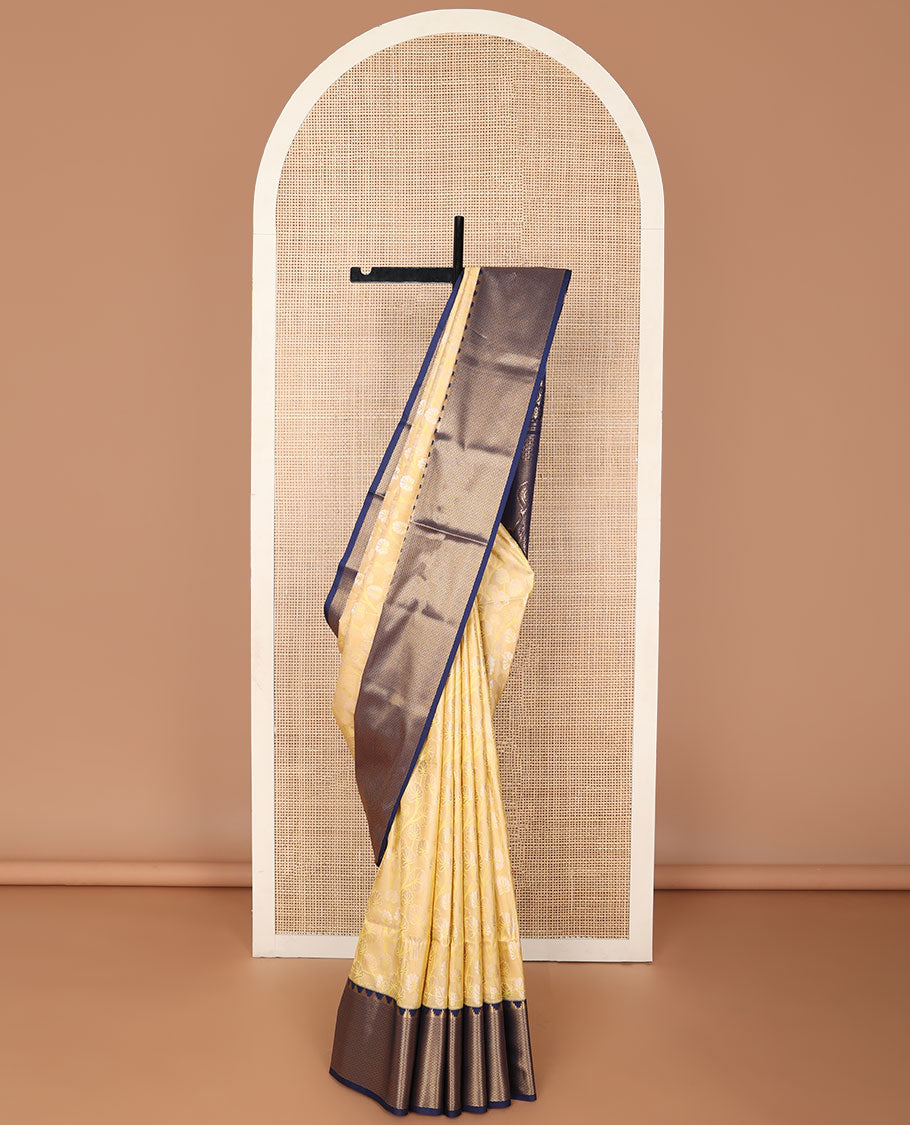 Sandal floral motifs soft silk saree with contrast checked, temple border & floral design pallu