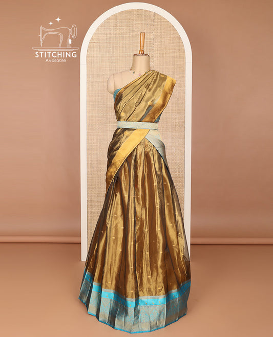 Brown buttas art silk half saree with contraast intricate zari border, zari design blouse & floral design dhavani