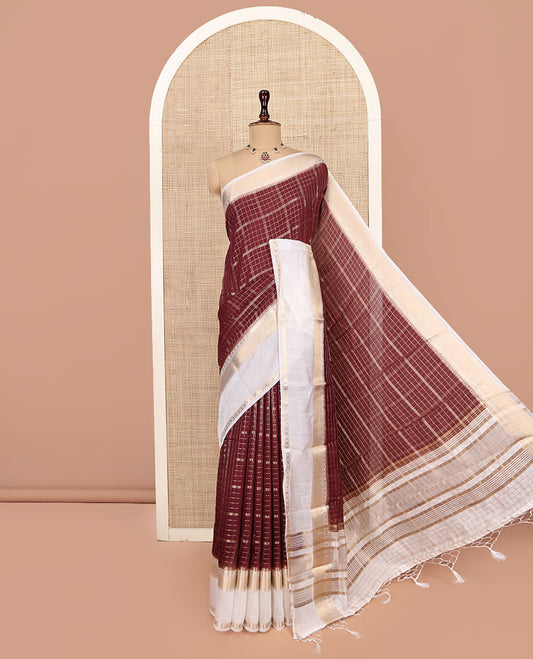 Maroon Assam Silk Saree Featuring Zari Checks, Complemented by a Contrast Traditional Zari Border, Intricate Pallu, and a Contrast Blouse