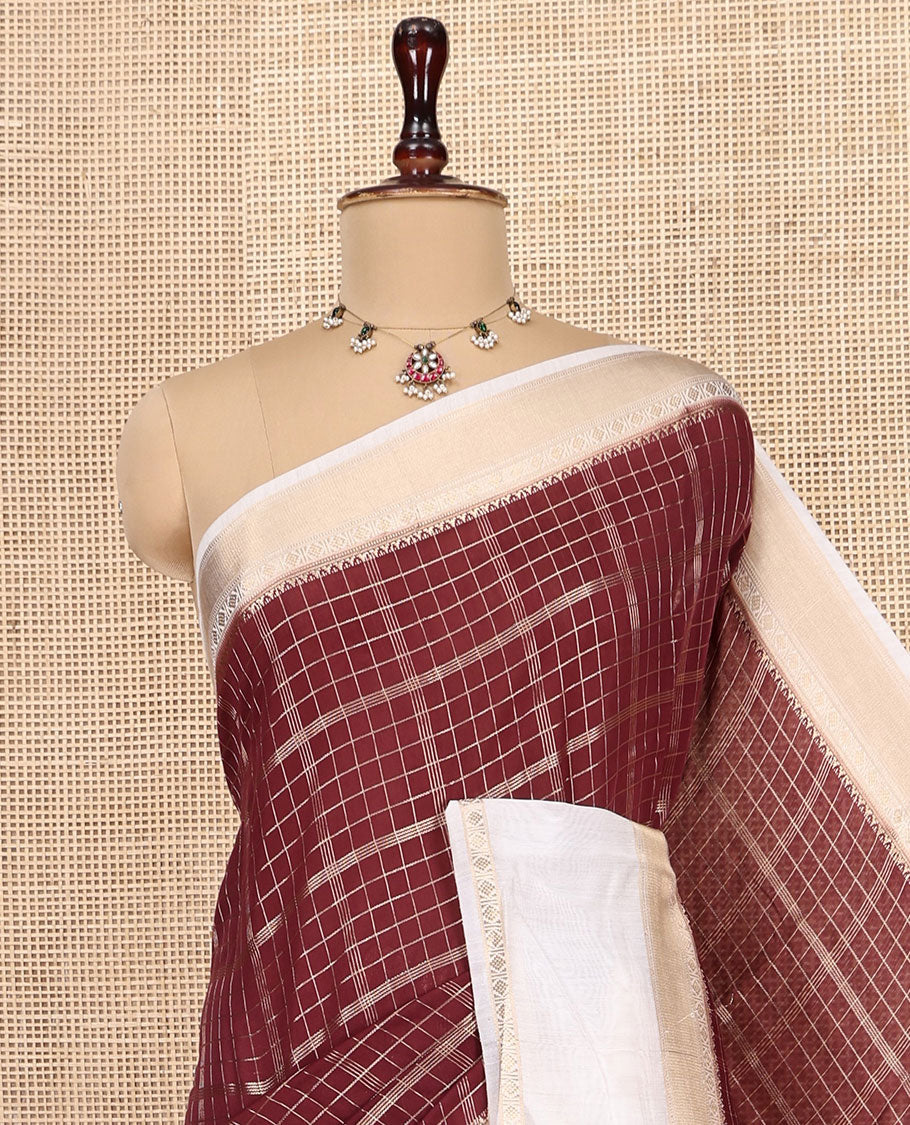 Maroon Assam Silk Saree Featuring Zari Checks, Complemented by a Contrast Traditional Zari Border, Intricate Pallu, and a Contrast Blouse