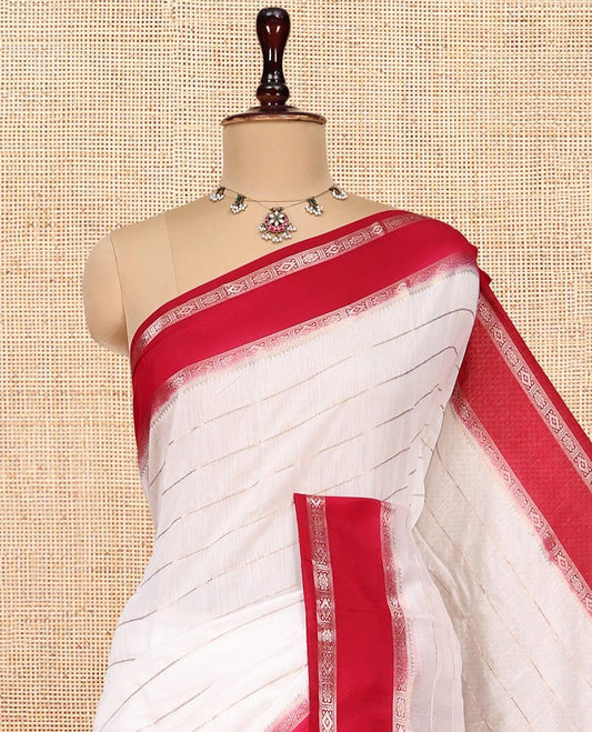 White Assam Silk Saree, Mesmerized with Zari Stripes, Complemented by a Contrast Zari Traditional Border, Zari-Striped Pallu, and a Contrast Blouse
