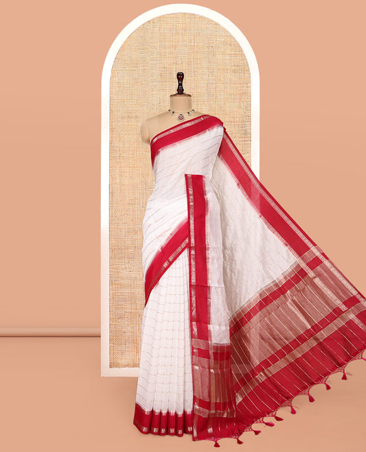White Assam Silk Saree, Mesmerized with Zari Stripes, Complemented by a Contrast Zari Traditional Border, Zari-Striped Pallu, and a Contrast Blouse