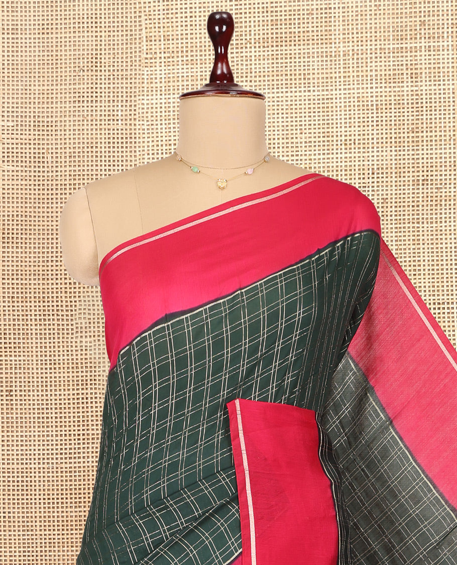 Green Assam Silk Saree, Featuring Zari Checks, Complemented by Contrast Zari Border,  Zari Woven Pallu, and Contrast Blouse