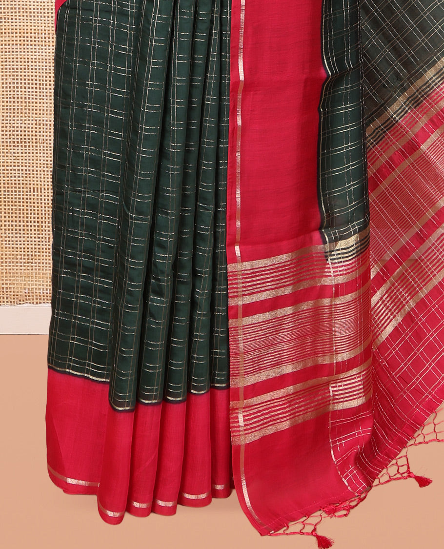 Green Assam Silk Saree, Featuring Zari Checks, Complemented by Contrast Zari Border,  Zari Woven Pallu, and Contrast Blouse