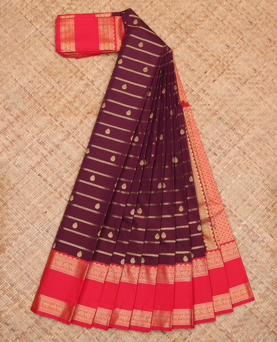 Maroon Budget Silk Saree, Enthralled with Zari Buttas and Stripes, Complemented by a Contrast Traditional Rettai Pettu Zari Border, Grand Jaal Pallu, and Contrast Blouse