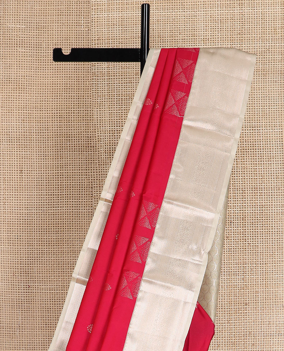 Red zari buttas gift saree, contrast traditional zari design border, and ogee patterned pallu