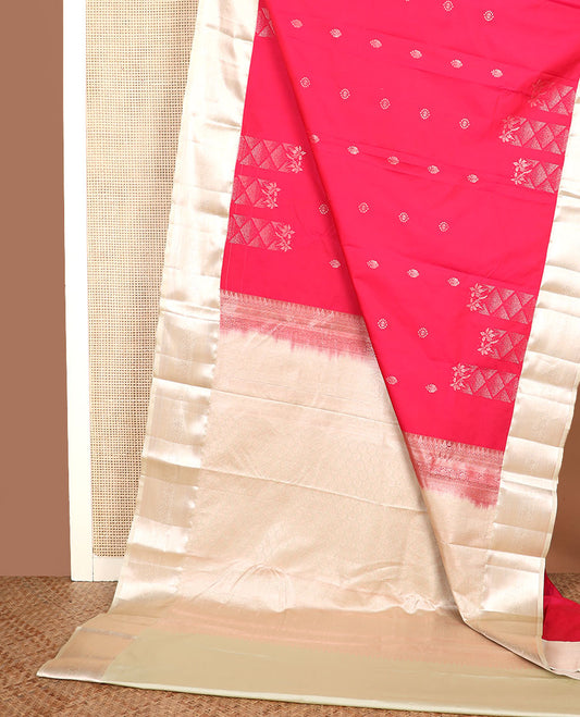 Red zari buttas gift saree, contrast traditional zari design border, and ogee patterned pallu