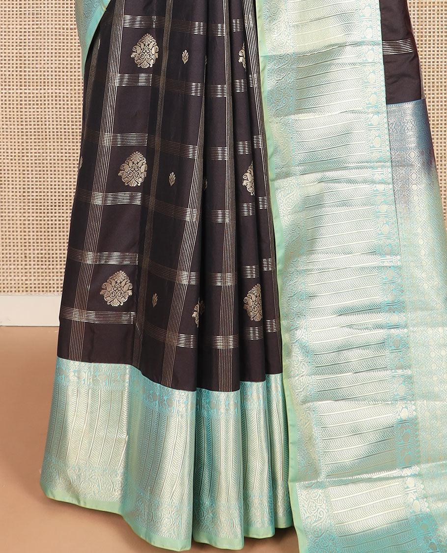 Black zari buttas and checked budget silk saree, contrast traditional zari border, and intricate pallu
