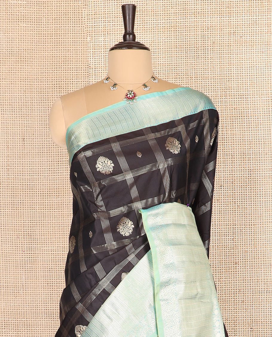 Black zari buttas and checked budget silk saree, contrast traditional zari border, and intricate pallu
