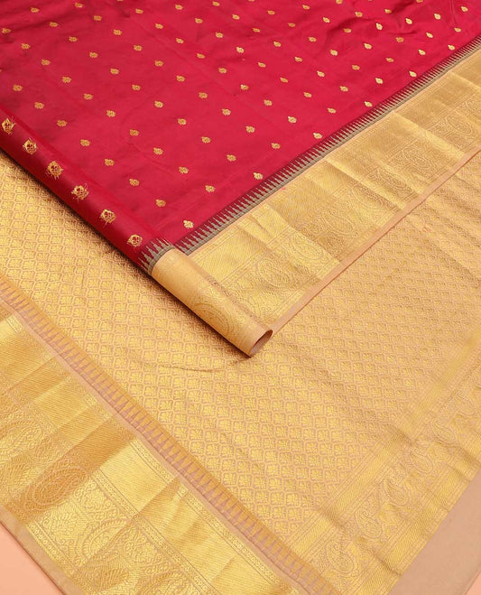 Red buttas Bangalore silk saree, contrast temple traditional zari border, and pallu of jaal designs