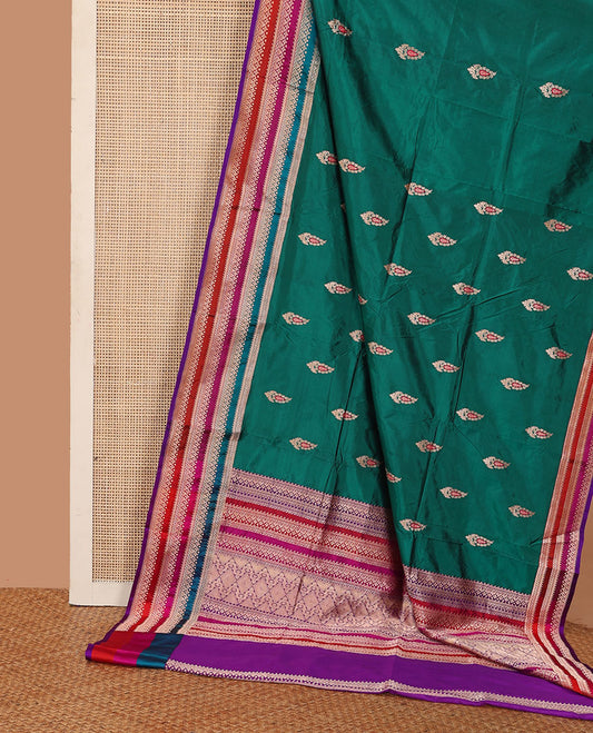 Green meena manga buttas katan silk saree, contrast multi-color striped with traditional motifs border, and geometric pallu