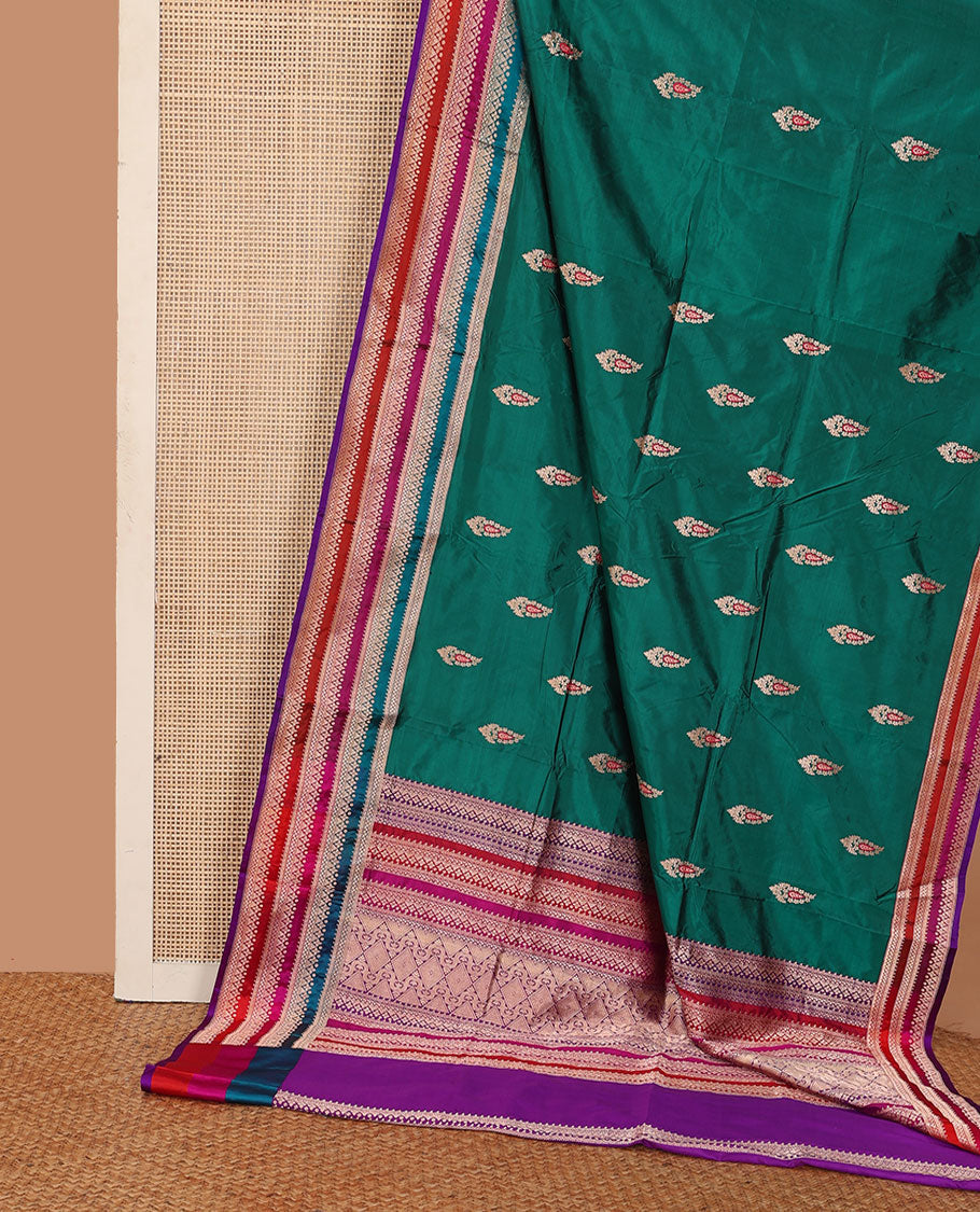 Green meena manga buttas katan silk saree, contrast multi-color striped with traditional motifs border, and geometric pallu