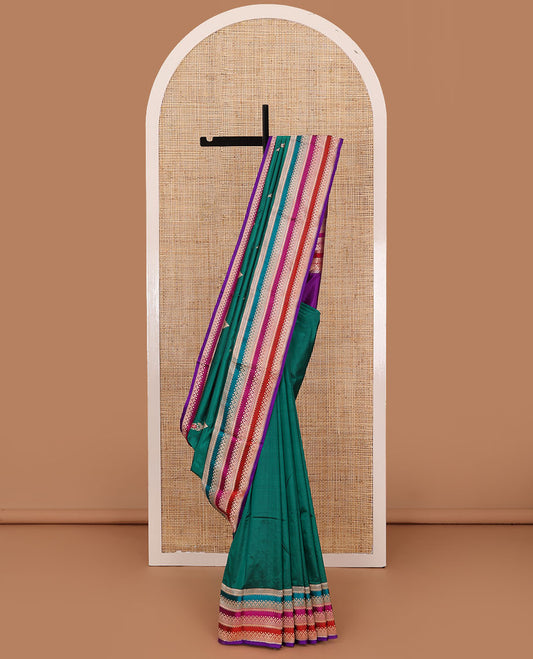 Green meena manga buttas katan silk saree, contrast multi-color striped with traditional motifs border, and geometric pallu