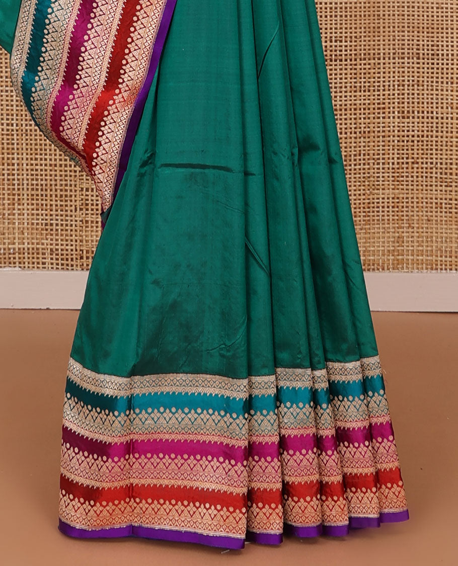 Green meena manga buttas katan silk saree, contrast multi-color striped with traditional motifs border, and geometric pallu