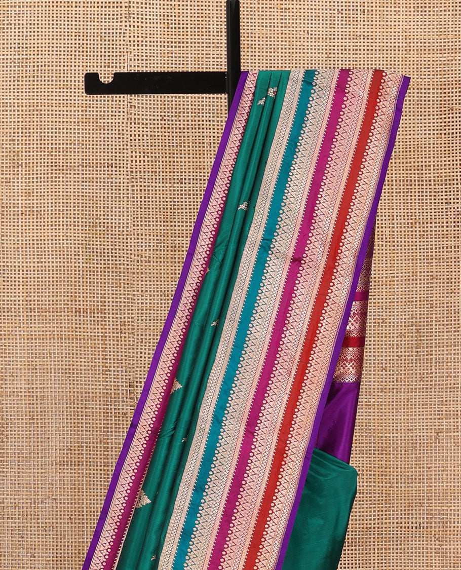 Green meena manga buttas katan silk saree, contrast multi-color striped with traditional motifs border, and geometric pallu