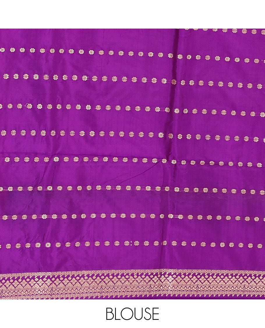 Green meena manga buttas katan silk saree, contrast multi-color striped with traditional motifs border, and geometric pallu