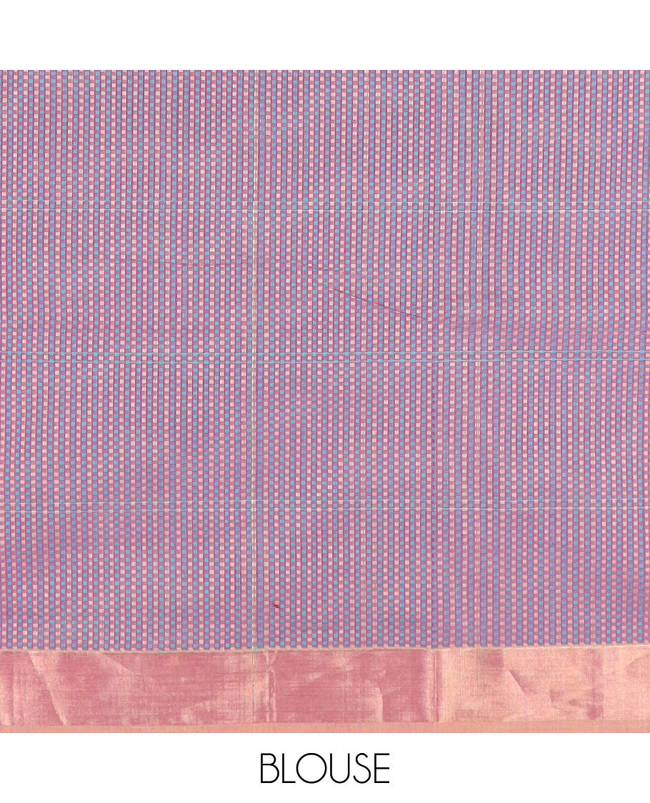 Pink buttas enclosed checks coimbatore cotton saree, contrast zari border, and pallu of floral and geometric patterns