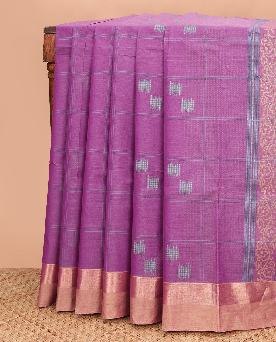 Pink buttas enclosed checks coimbatore cotton saree, contrast zari border, and pallu of floral and geometric patterns