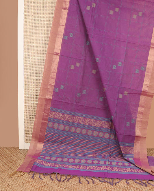 Pink buttas enclosed checks coimbatore cotton saree, contrast zari border, and pallu of floral and geometric patterns