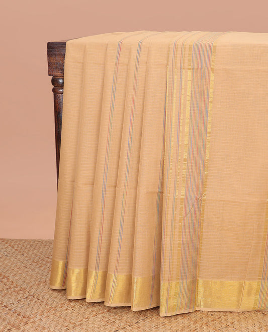 Brown striped jute cotton saree with self zari design border & sriped pallu
