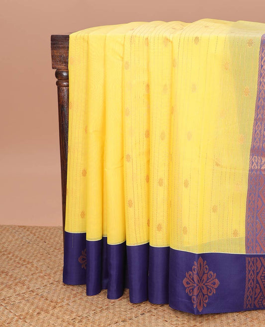 Yellow striped, floral motifs semi silk cotton saree with contrast floral design border & checked floral design pallu