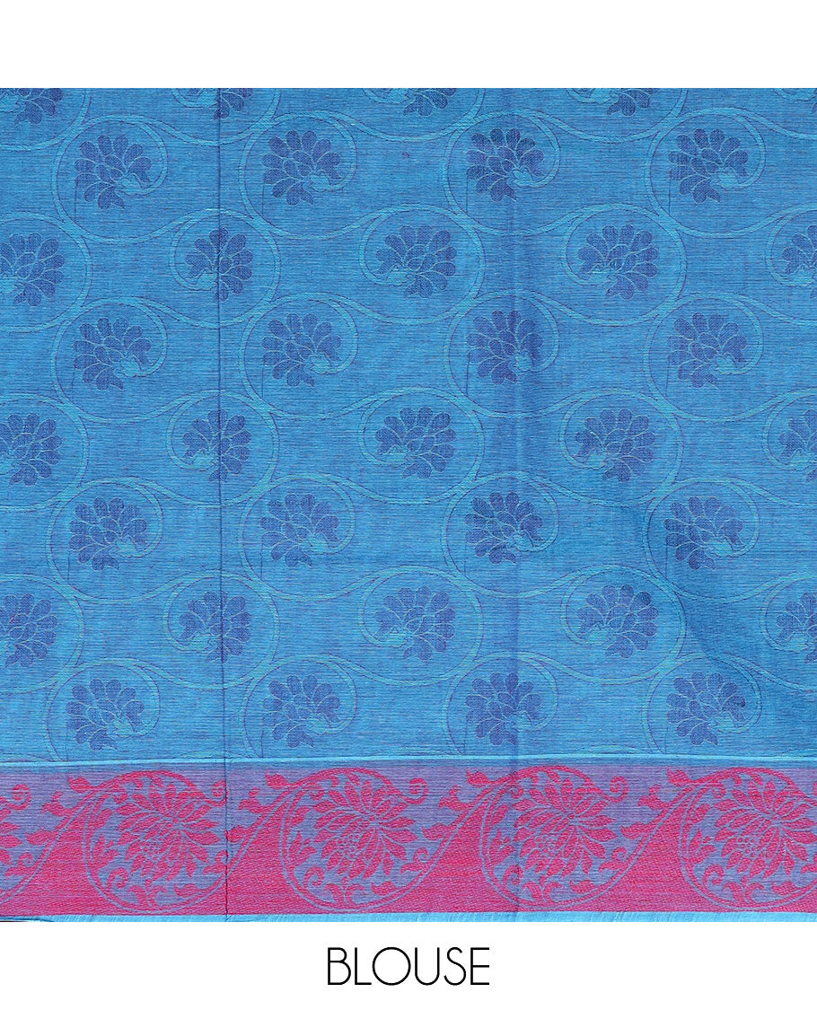 Blue sparely designed Coimbatore cotton saree, floral creeper border, & contrast floral design pallu