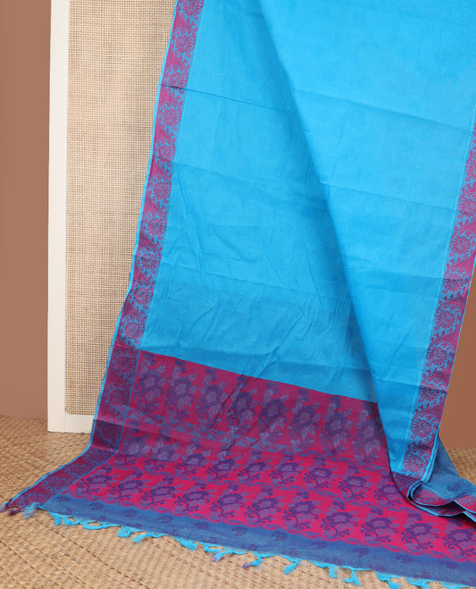 Blue sparely designed Coimbatore cotton saree, floral creeper border, & contrast floral design pallu