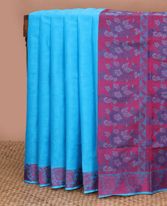 Blue sparely designed Coimbatore cotton saree, floral creeper border, & contrast floral design pallu