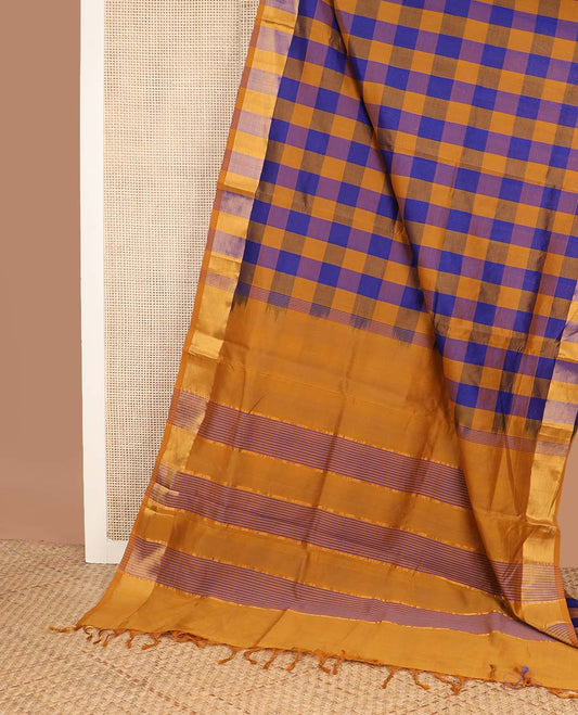 Multi-color checked design poly cotton saree, zari border, and contrast zari striped pallu