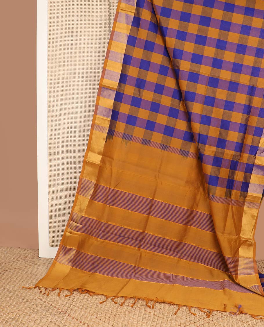 Multi-color checked design poly cotton saree, zari border, and contrast zari striped pallu