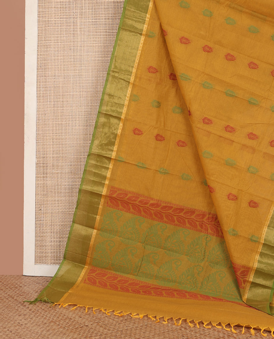 Yellow unique motifs kanchi cotton saree, contrast zari border and pallu of leaf creeper and manga patterns