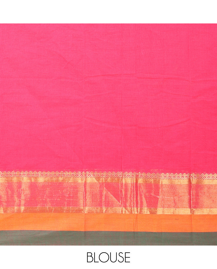 Dark pink paisley buttas kanchi cotton saree, contrast thread and zari border, and floral design pallu