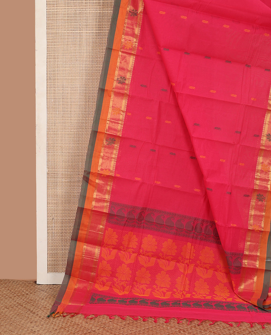 Dark pink paisley buttas kanchi cotton saree, contrast thread and zari border, and floral design pallu