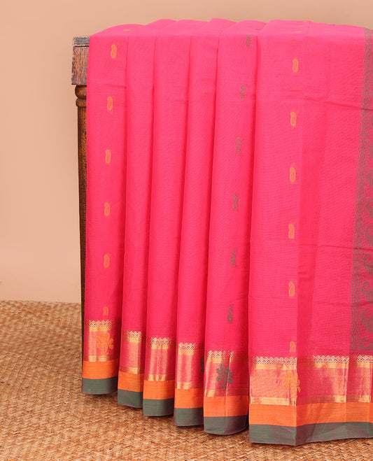 Dark pink paisley buttas kanchi cotton saree, contrast thread and zari border, and floral design pallu