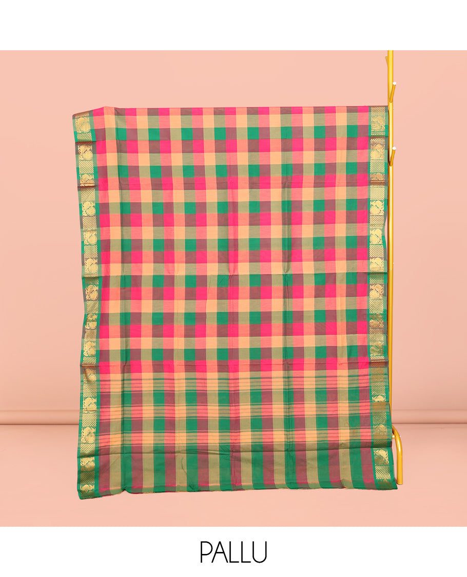 Multi-Color Chettinad Cotton Saree, Decked Up with Checks, Highlighted by Traditional Peacock Border, Striped Pallu, and No Blouse