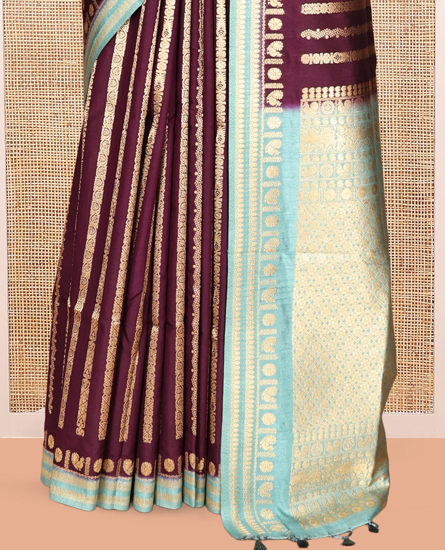 Wine Zari Stripes Fancy Raw Silk Saree, Contrast Traditional Border, Jaal Pallu, and Contrast Blouse