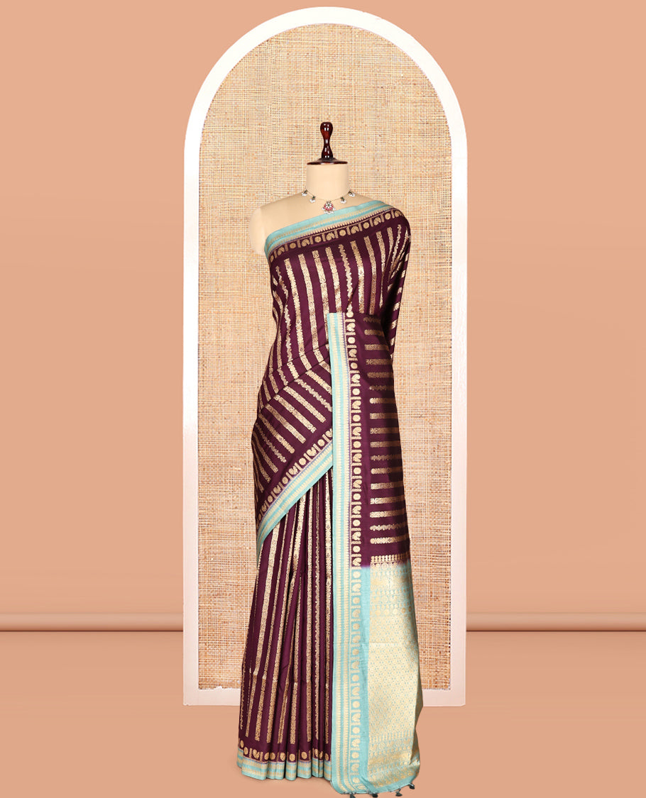 Wine Zari Stripes Fancy Raw Silk Saree, Contrast Traditional Border, Jaal Pallu, and Contrast Blouse