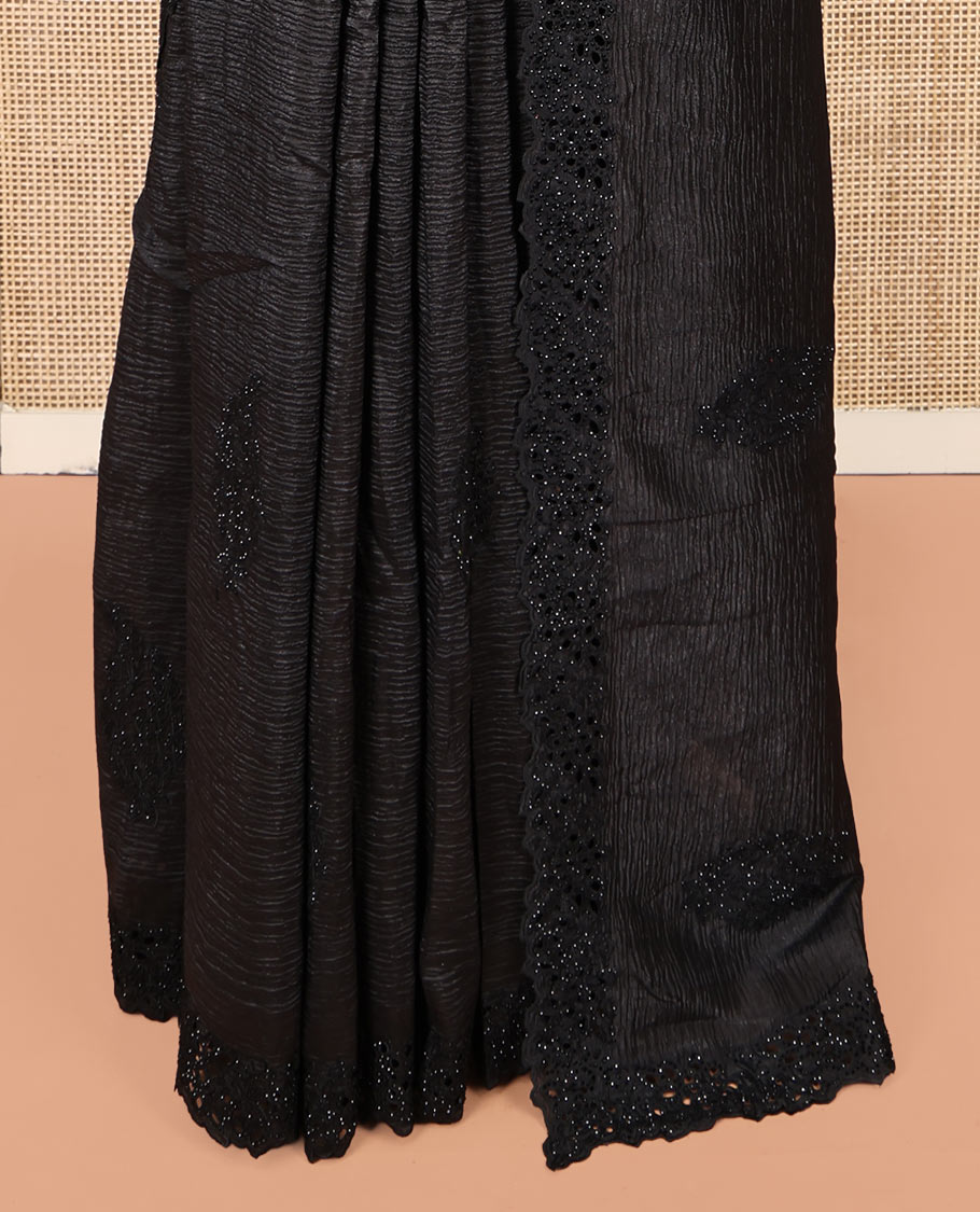 Black Designer Saree, Adorned with Micro-Stone Buttas, a Scallop Embroidered Border, and Matching Blouse