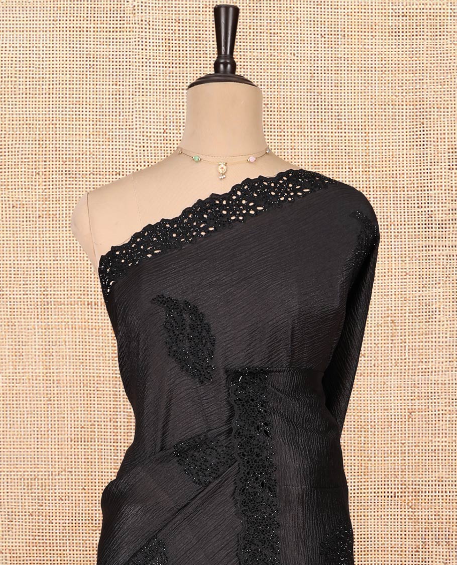 Black Designer Saree, Adorned with Micro-Stone Buttas, a Scallop Embroidered Border, and Matching Blouse