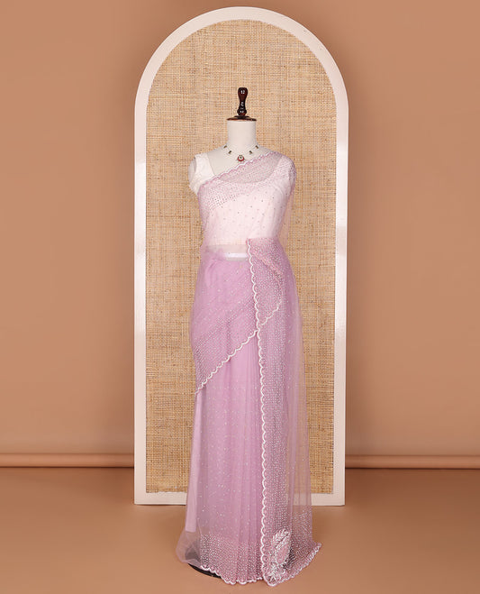 Pale pink crystal stone & pearl beads embroidered designer saree with scallop embroidered border