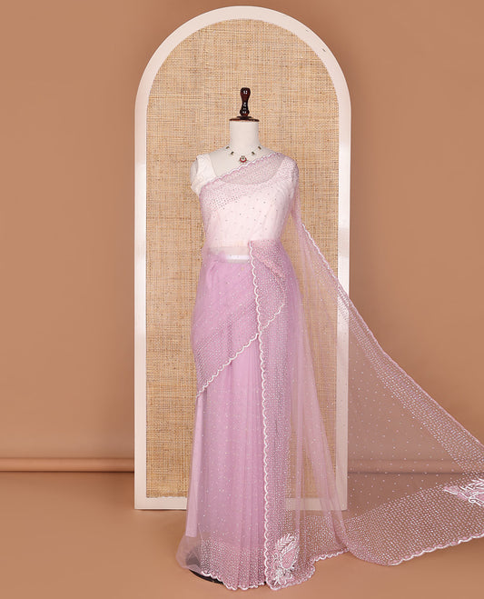 Pale pink crystal stone & pearl beads embroidered designer saree with scallop embroidered border