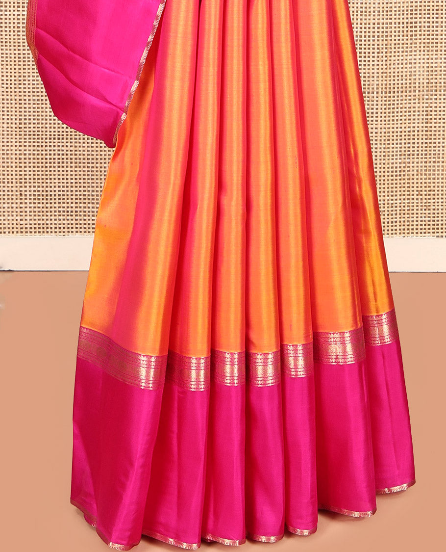 Orange Plain Kanchipuram Silk Saree, Complemented by Contrast Ganga-Jamuna Rettai Pettu Border, Pallu of Geometric Designs, and a Contrast Blouse