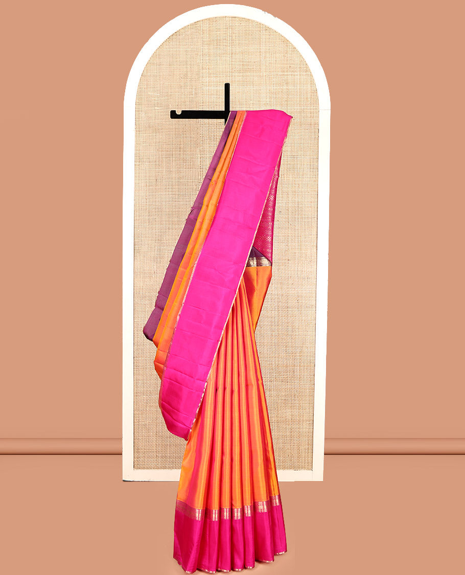 Orange Plain Kanchipuram Silk Saree, Complemented by Contrast Ganga-Jamuna Rettai Pettu Border, Pallu of Geometric Designs, and a Contrast Blouse