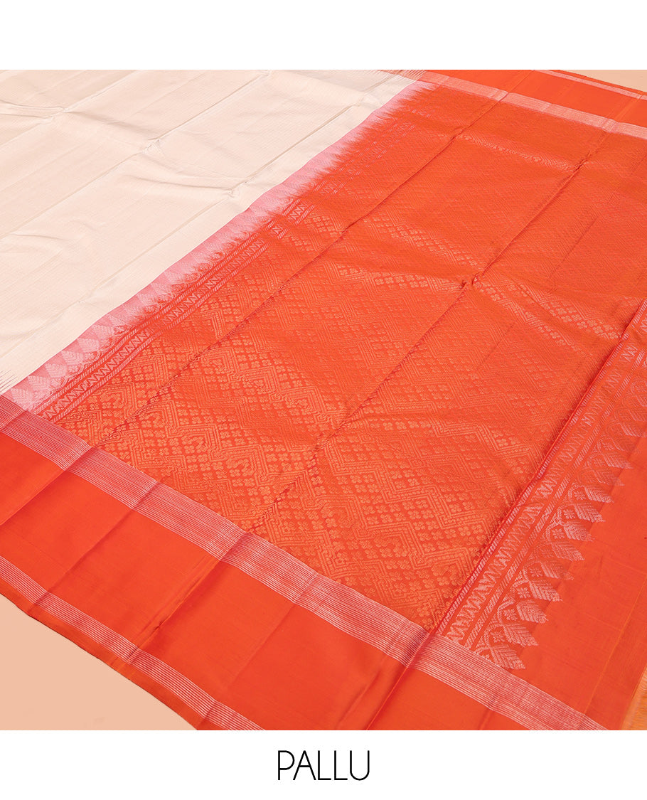 Off-White Striped Kanchipuram Silk Saree, Complemented by a Contrast Hummingbird and Chakram Border, Grand Pallu, and a Contrast Blouse