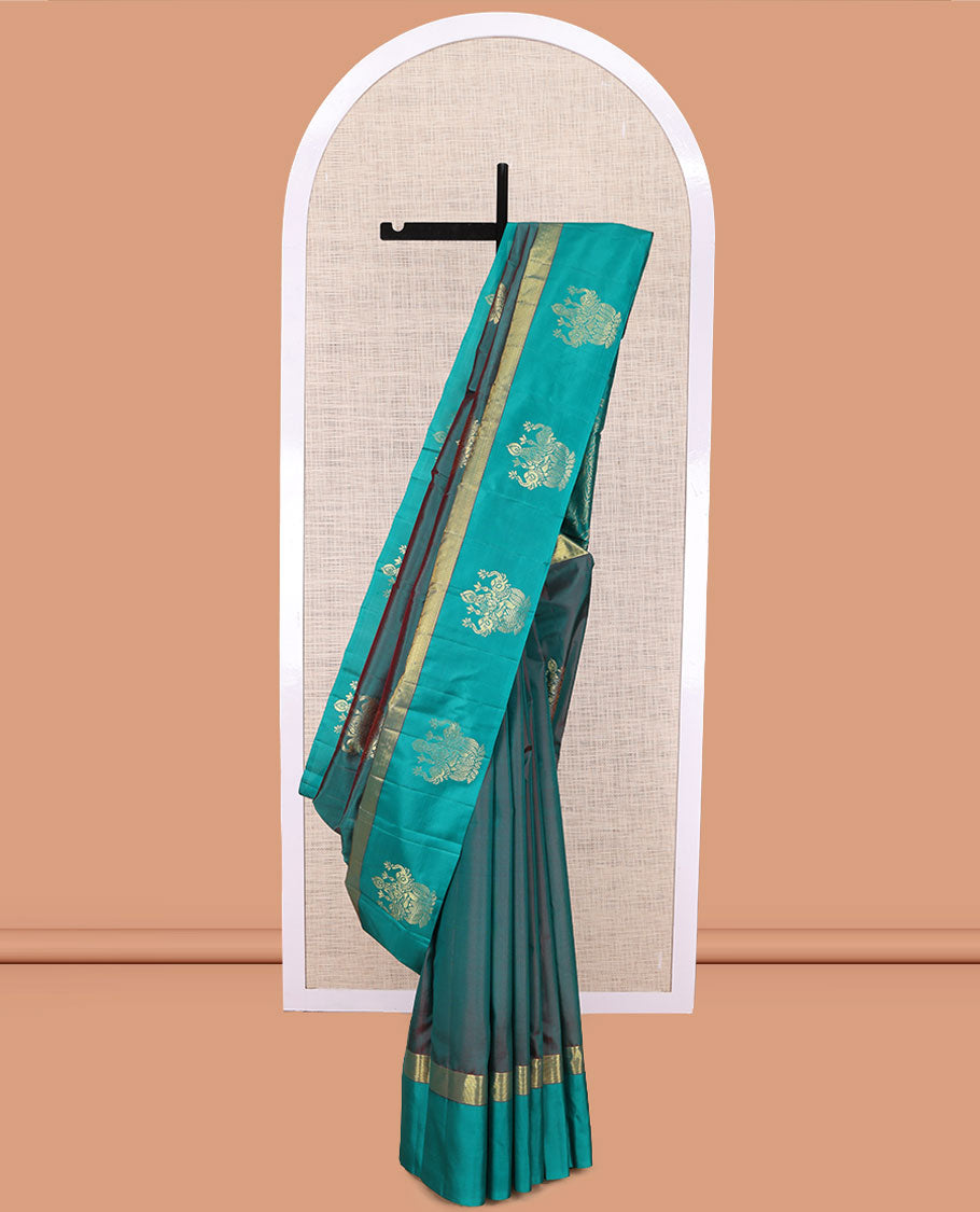 Blue Dual-tone Kanchipuram Silk Saree, Elevated with Goddess Lakshmi Buttas, a Contrast Goddess Lakshmi Border, Goddess Lakshmi Pallu, and a Contrast Blouse