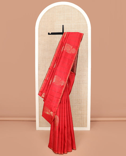 Red Kanchipuram Silk Saree Embellished with Big Floral Buttas within Checks, Complemented by a Piping Border, Featuring a Contrast Pallu Steeped with Manga Motifs, Paired with a Matching Blouse